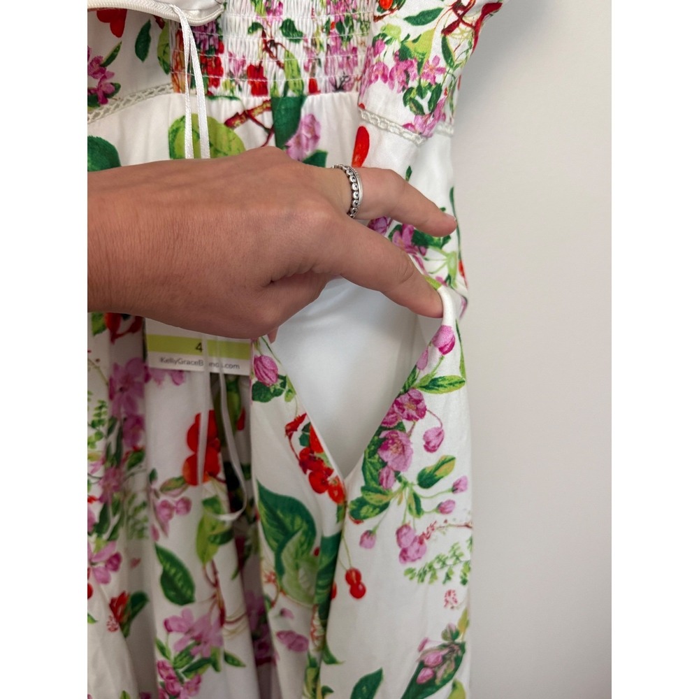 Taylor Women Floral Cherry Print Midi Dress White Red Sweetheart Neck Pockets - Picture 9 of 16